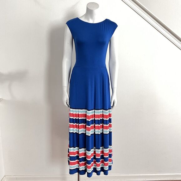 Boden Maxi Blue Eda Dress Striped Hem Cap Sleeve Stretch Belted 6 - Picture 11 of 13